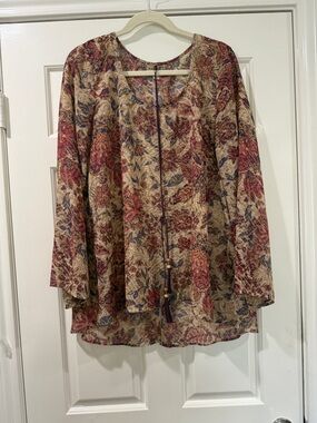 ONE WORLD Boho Floral Scoop Neck Tunic in Beige, Rose & Blue size XL w accessory